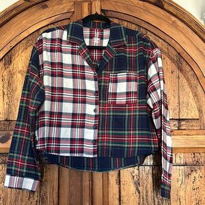 Gap Flannel Plaid Long Sleeve Button Down Crop Sleep Shirt Top Blouse